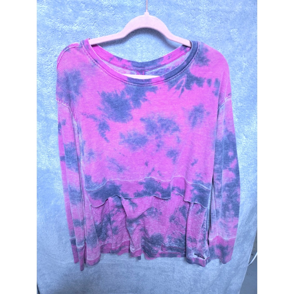 Pink Purple Tie Dye Waffle Knit Long Sleeve Layered Hem Thermal Top Womens